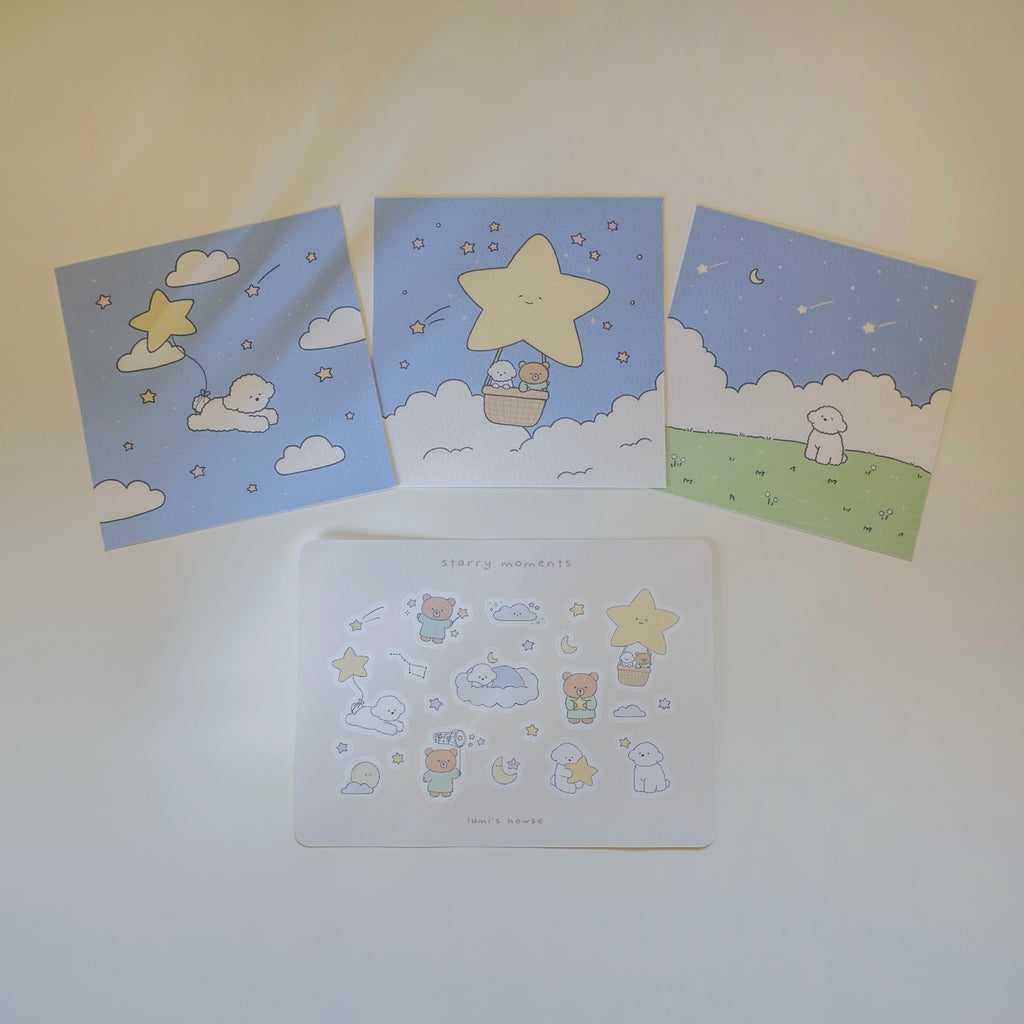 Set of three illustrated prints and sticker sheet with star and cloud designs on a light background.