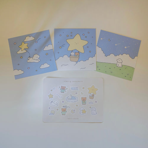Set of three illustrated prints and sticker sheet with star and cloud designs on a light background.