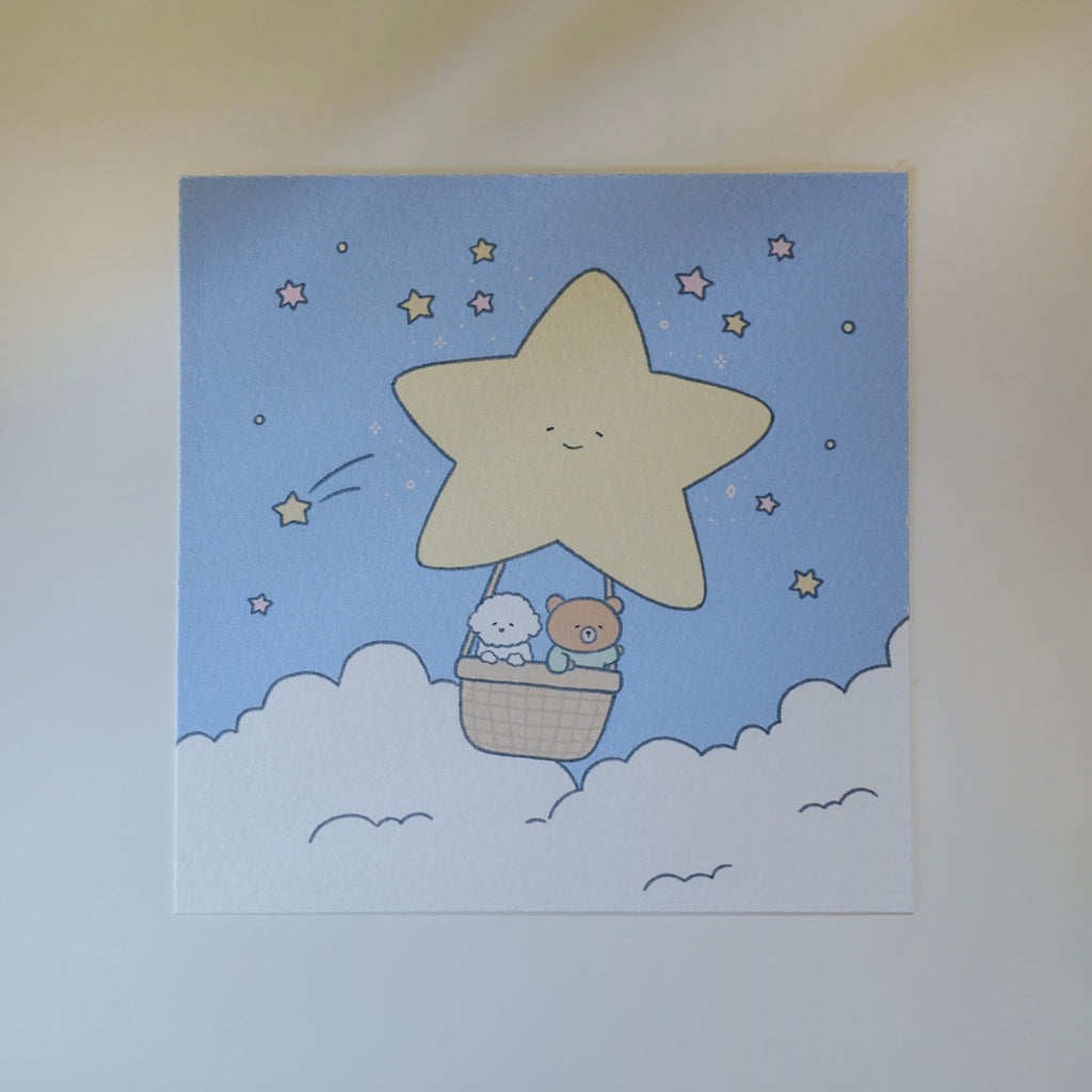 Cartoon star with a basket of a bear and dog flying in the sky with clouds and stars.