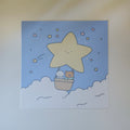 Cartoon star with a basket of a bear and a dog flying in the sky with clouds and stars.