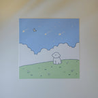 Illustration of a dog sitting on a grassy hill under a starry sky with a moon.