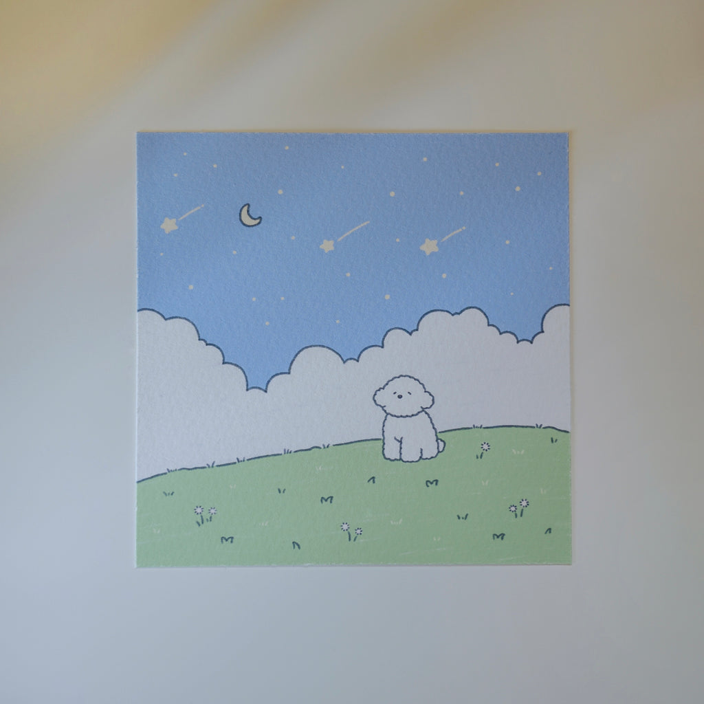 Illustration of a dog sitting on a grassy hill under a starry sky with a moon.