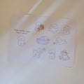 Sticker sheet of illustrations featuring a dog with various activities on a plain background.