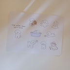 Sticker sheet of illustrations featuring a dog with various activities on a plain background.