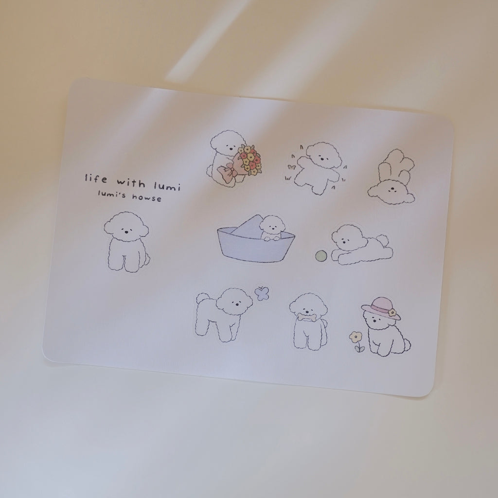 Sticker sheet of illustrations featuring a dog with various activities on a plain background.