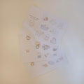 Set of illustrated sticker sheet with cute animal designs on a light background.